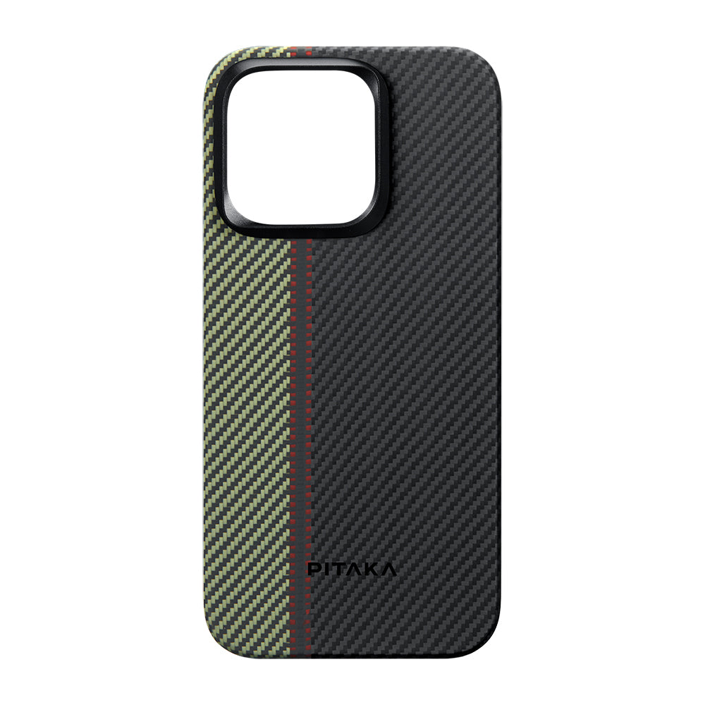Apple iPhone 15 Pro Max Kılıf Magsafe Şarj Özellikli 600D Aramid Fiber Pitaka Tactile Woven Orchestra Serisi Overture Kapak Siyah-Yeşil