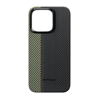 Apple iPhone 15 Pro Max Kılıf Magsafe Şarj Özellikli 600D Aramid Fiber Pitaka Tactile Woven Orchestra Serisi Overture Kapak Siyah-Yeşil