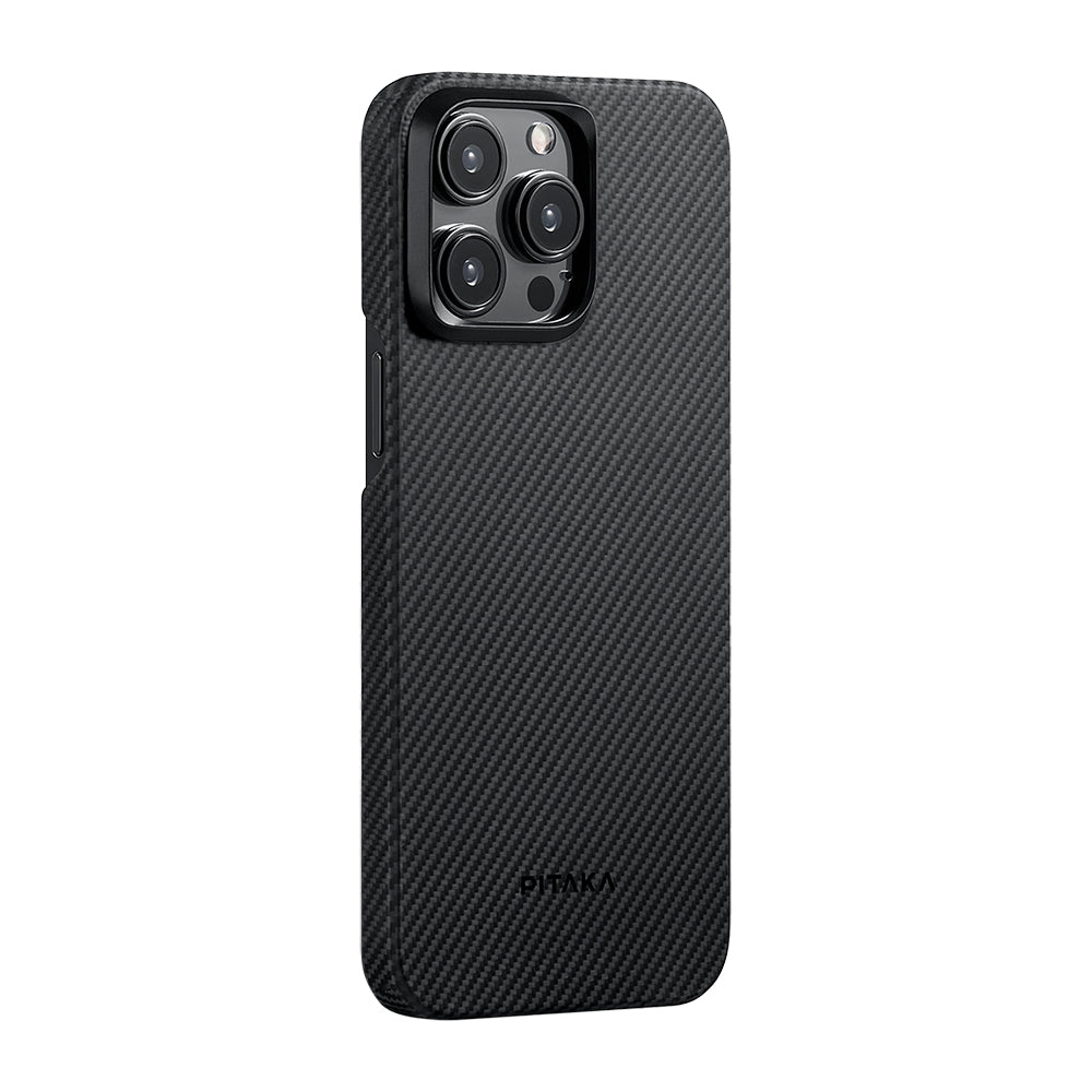Apple iPhone 15 Pro Max Kılıf Magsafe Şarj Özellikli 600D Aramid Fiber Pitaka Ultra-Slim Classic Serisi Black-Grey Twill Kapak Siyah-Gri
