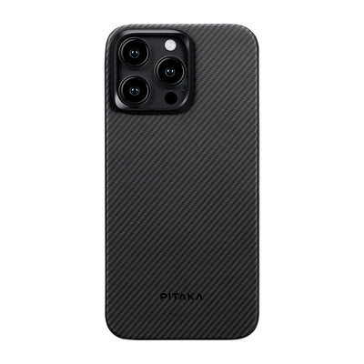 Apple iPhone 15 Pro Max Kılıf Magsafe Şarj Özellikli 600D Aramid Fiber Pitaka Ultra-Slim Classic Serisi Black-Grey Twill Kapak Siyah-Gri