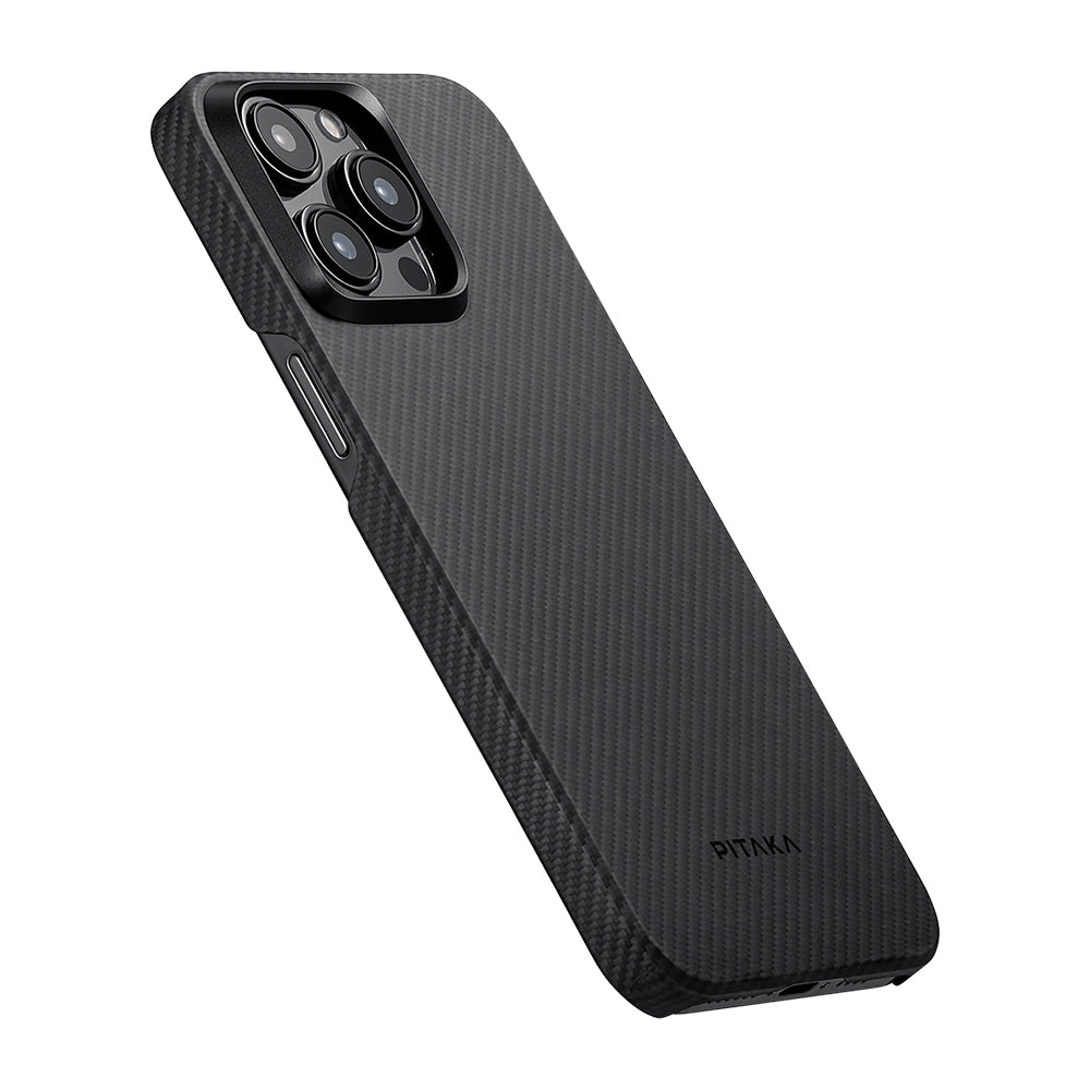 Apple iPhone 15 Pro Max Kılıf Magsafe Şarj Özellikli 600D Aramid Fiber Pitaka Ultra-Slim Classic Serisi Black-Grey Twill Kapak Siyah-Gri