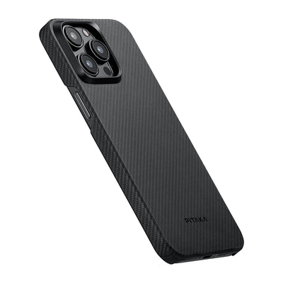 Apple iPhone 15 Pro Max Kılıf Magsafe Şarj Özellikli 600D Aramid Fiber Pitaka Ultra-Slim Classic Serisi Black-Grey Twill Kapak Siyah-Gri