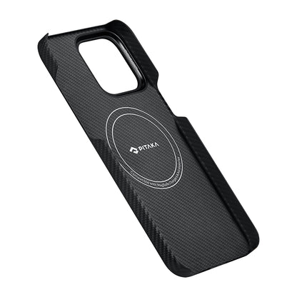 iPhone 15 Pro Max Kılıf M-safe Şarj Özellikli 600D Aramid Fiber Pitaka Ultra-Slim Classic Serisi Black-Grey Twill Kılıf