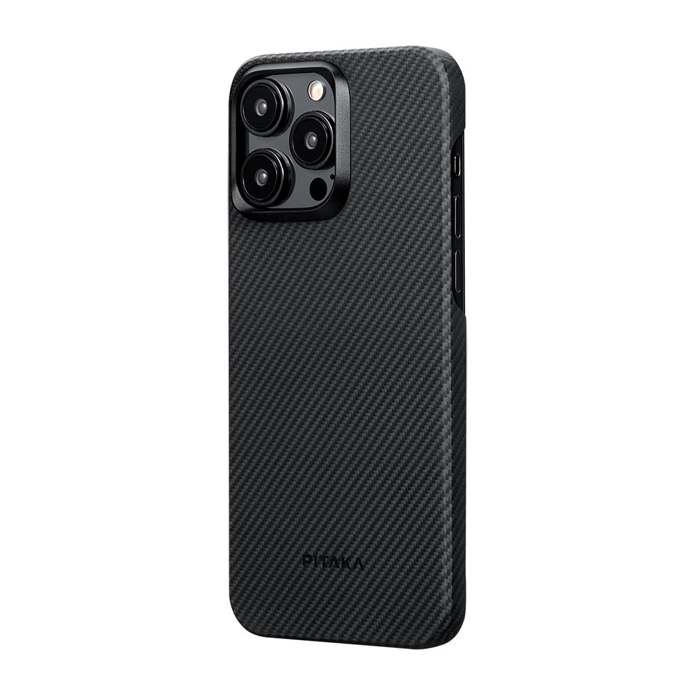 Apple iPhone 15 Pro Max Kılıf Magsafe Şarj Özellikli 600D Aramid Fiber Pitaka Ultra-Slim Classic Serisi Black-Grey Twill Kapak Siyah-Gri