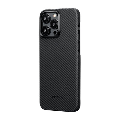 Apple iPhone 15 Pro Max Kılıf Magsafe Şarj Özellikli 600D Aramid Fiber Pitaka Ultra-Slim Classic Serisi Black-Grey Twill Kapak Siyah-Gri