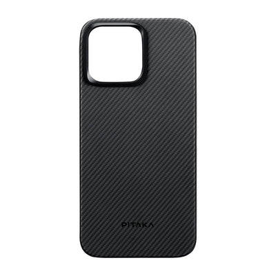 Apple iPhone 15 Pro Max Kılıf Magsafe Şarj Özellikli 600D Aramid Fiber Pitaka Ultra-Slim Classic Serisi Black-Grey Twill Kapak Siyah-Gri