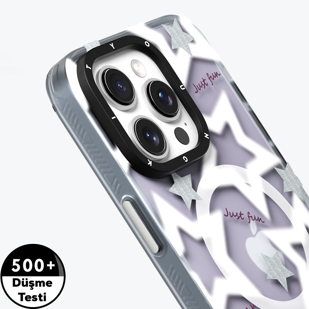 Apple iPhone 15 Pro Max Kılıf Magsafe Şarj Özellikli Airbagli Çift Katmanlı Youngkit Star&Butterfly Serisi Kapak Gri