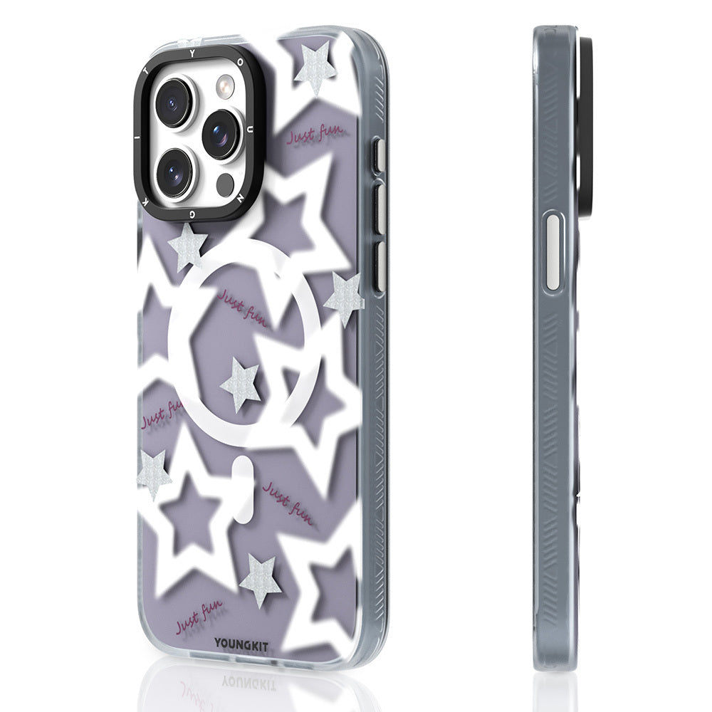 Apple iPhone 15 Pro Max Kılıf Magsafe Şarj Özellikli Airbagli Çift Katmanlı Youngkit Star&Butterfly Serisi Kapak Mor