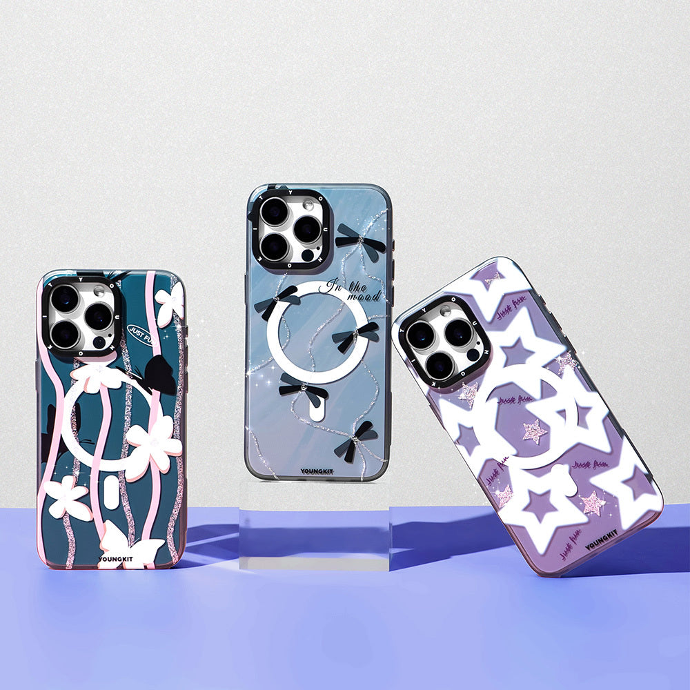 Apple iPhone 15 Pro Max Kılıf Magsafe Şarj Özellikli Airbagli Çift Katmanlı Youngkit Star&Butterfly Serisi Kapak Mor