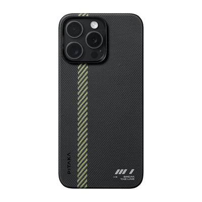 Apple iPhone 15 Pro Max Kılıf Magsafe Şarj Özellikli Aramid Fiber Pitaka Tactile Woven Break The Line Kapak Siyah