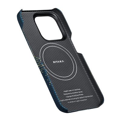 Apple iPhone 15 Pro Max Kılıf Magsafe Şarj Özellikli Aramid Fiber Pitaka Tactile Woven Starpeak Serisi Milky Way Galaxy Kapak Mavi