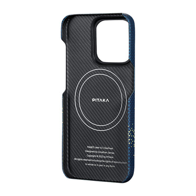 Apple iPhone 15 Pro Max Kılıf Magsafe Şarj Özellikli Aramid Fiber Pitaka Tactile Woven Starpeak Serisi Milky Way Galaxy Kapak Mavi