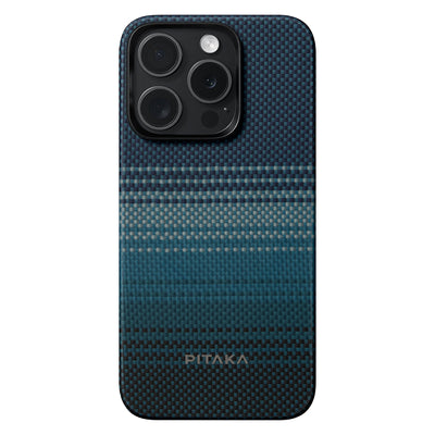 Apple iPhone 15 Pro Max Kılıf Magsafe Şarj Özellikli Aramid Fiber Pitaka Tactile Woven Sunset-Moonrise Serisi Moonrise Kapak Mavi