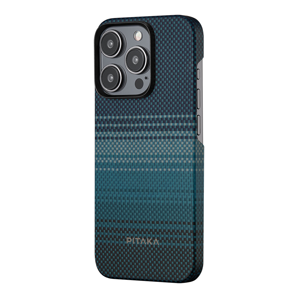 Apple iPhone 15 Pro Max Kılıf Magsafe Şarj Özellikli Aramid Fiber Pitaka Tactile Woven Sunset-Moonrise Serisi Moonrise Kapak Mavi