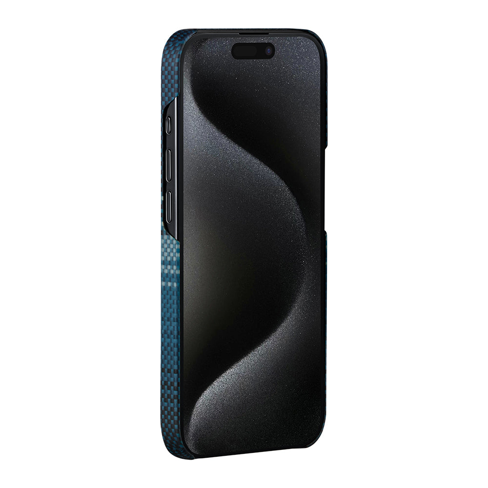Apple iPhone 15 Pro Max Kılıf Magsafe Şarj Özellikli Aramid Fiber Pitaka Tactile Woven Sunset-Moonrise Serisi Moonrise Kapak Mavi