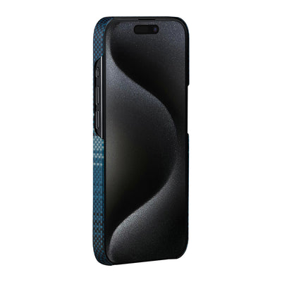 Apple iPhone 15 Pro Max Kılıf Magsafe Şarj Özellikli Aramid Fiber Pitaka Tactile Woven Sunset-Moonrise Serisi Moonrise Kapak Mavi
