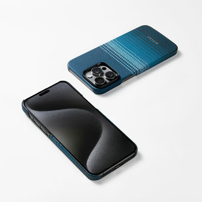 Apple iPhone 15 Pro Max Kılıf Magsafe Şarj Özellikli Aramid Fiber Pitaka Tactile Woven Sunset-Moonrise Serisi Moonrise Kapak Mavi
