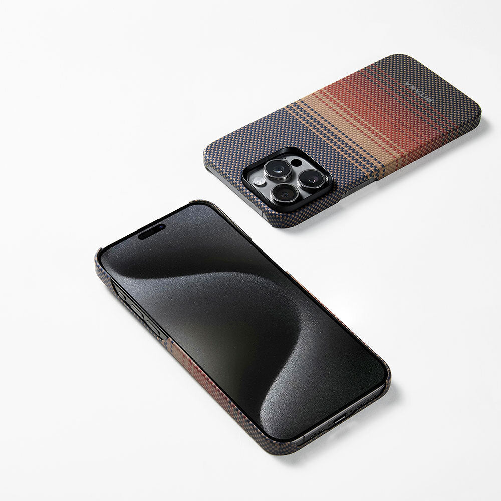 iPhone 15 Pro Max Kılıf M-safe Şarj Özellikli Aramid Fiber Pitaka Tactile Woven Sunset-Moonrise Serisi Sunset Kılıf