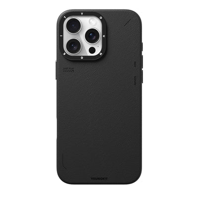Apple iPhone 15 Pro Max Kılıf Magsafe Şarj Özellikli Basit Mat Deri Desenli Youngkit Tech Fashion Serisi Kapak Siyah
