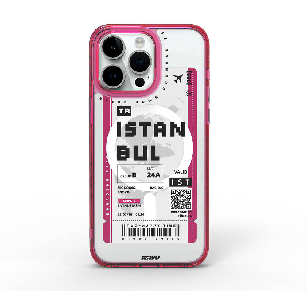Apple iPhone 15 Pro Max Kılıf Magsafe Şarj Özellikli Bilet Desenli Wiwu Turkey B Serisi Kapak Pembe