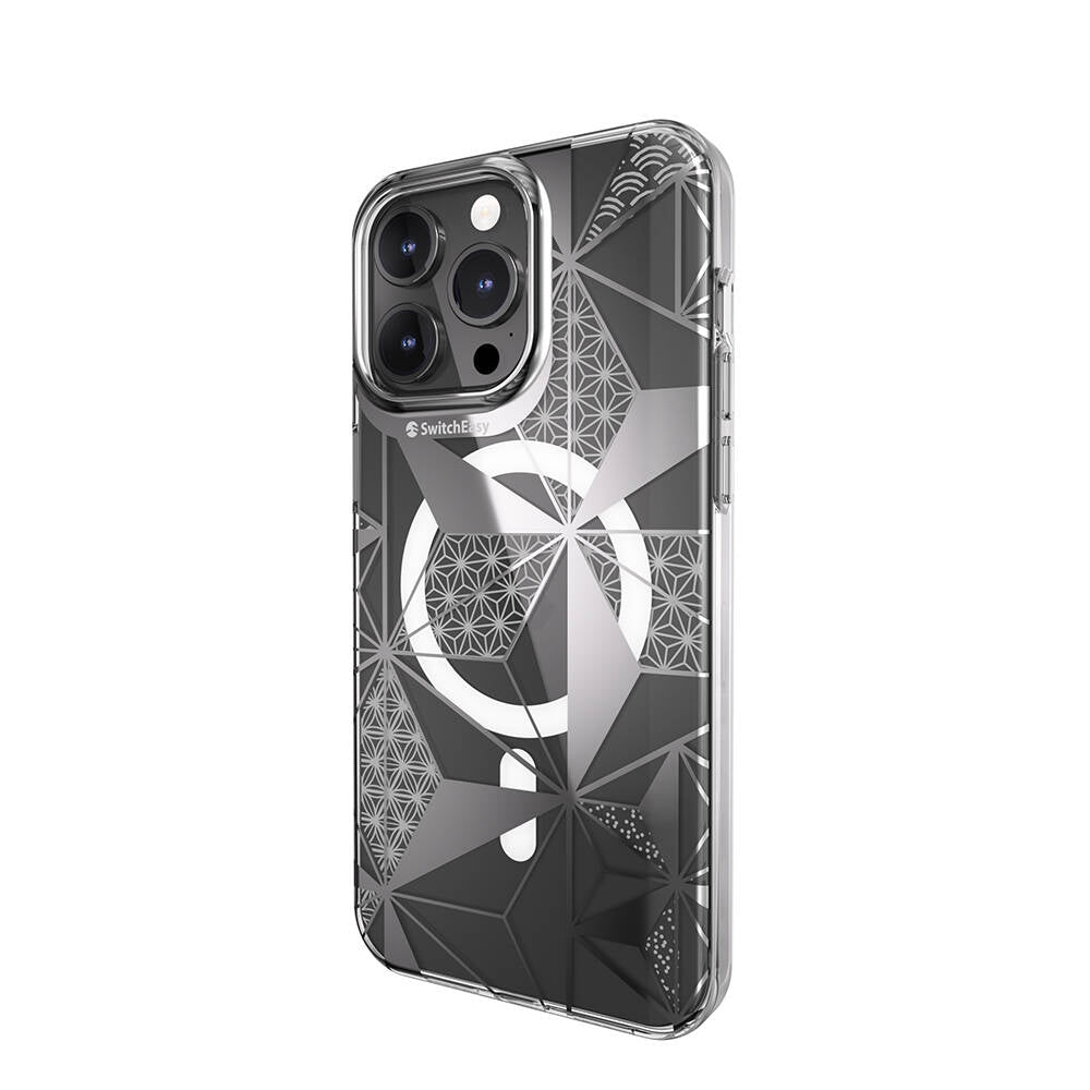 Apple iPhone 15 Pro Max Kılıf Magsafe Şarj Özellikli Çift IMD Baskılı Lisanslı Switcheasy Artist-M Asanoha Kapak Gri