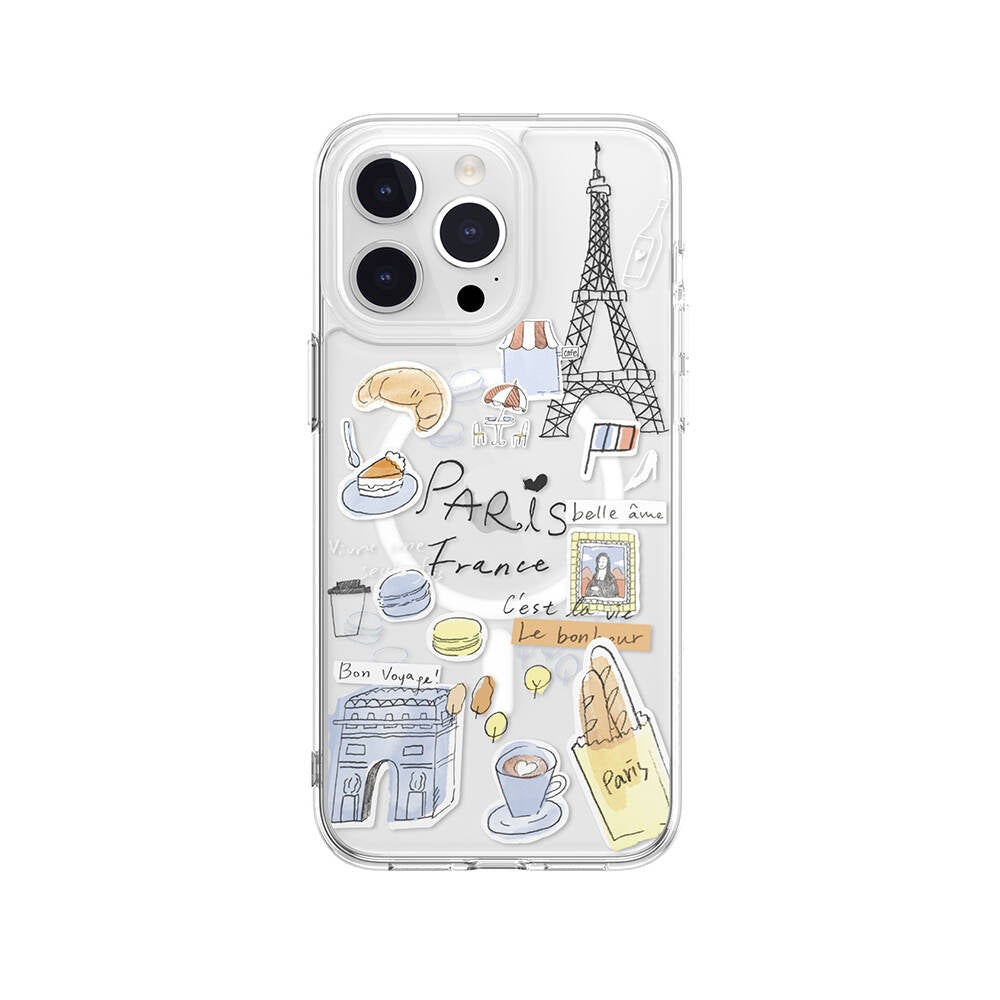 iPhone 15 Pro Max Kılıf M-safe Şarj Özellikli Çizim Desenli Şok Önleyicili Şeffaf Lisanslı Switcheasy City-M Paris Kılıf