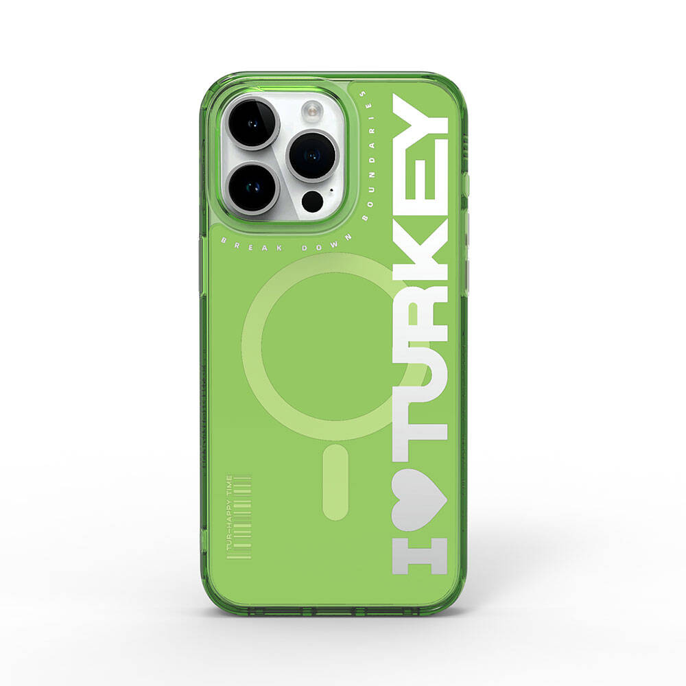 Apple iPhone 15 Pro Max Kılıf Magsafe Şarj Özellikli I Love Turkey Yazı Desenli Wiwu Turkey E Serisi Kapak Yeşil