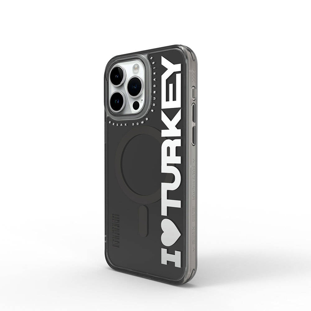 Apple iPhone 15 Pro Max Kılıf Magsafe Şarj Özellikli I Love Turkey Yazı Desenli Wiwu Turkey E Serisi Kapak Turuncu