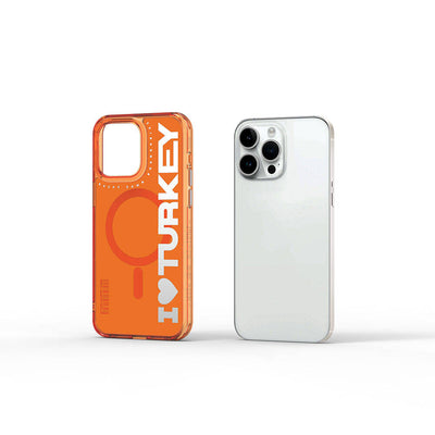 Apple iPhone 15 Pro Max Kılıf Magsafe Şarj Özellikli I Love Turkey Yazı Desenli Wiwu Turkey E Serisi Kapak Turuncu