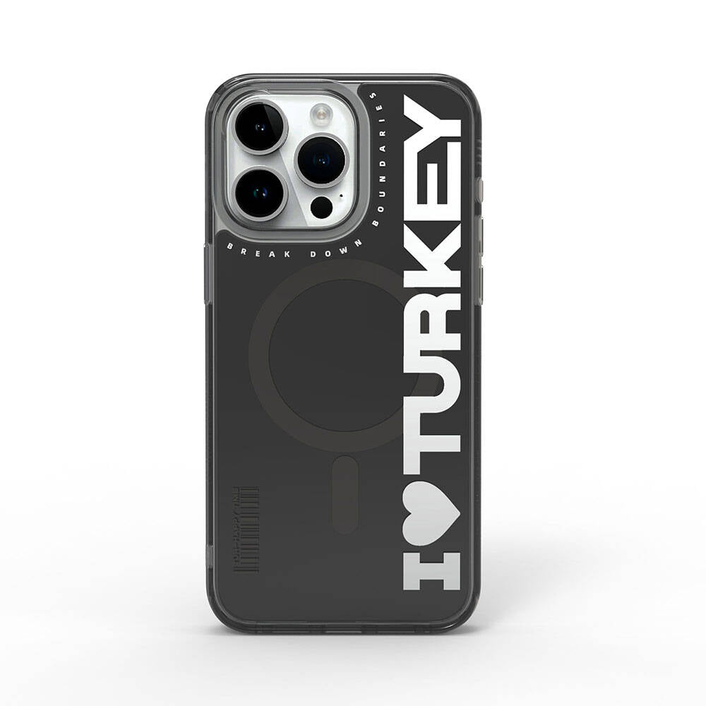 Apple iPhone 15 Pro Max Kılıf Magsafe Şarj Özellikli I Love Turkey Yazı Desenli Wiwu Turkey E Serisi Kapak Siyah