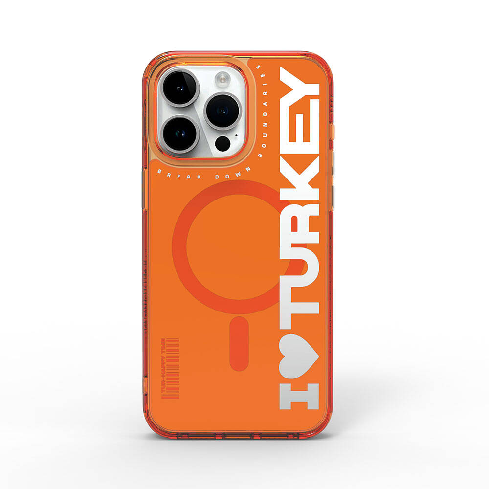 Apple iPhone 15 Pro Max Kılıf Magsafe Şarj Özellikli I Love Turkey Yazı Desenli Wiwu Turkey E Serisi Kapak Turuncu