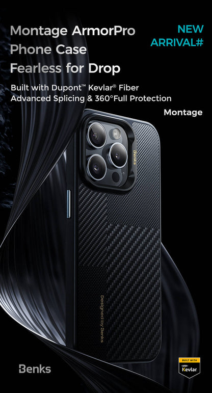 iPhone 15 Pro Max Kılıf M-safe Şarj Özellikli Karbon Fiber Benks Montage Hybrid ArmorPro Kevlar Kılıf