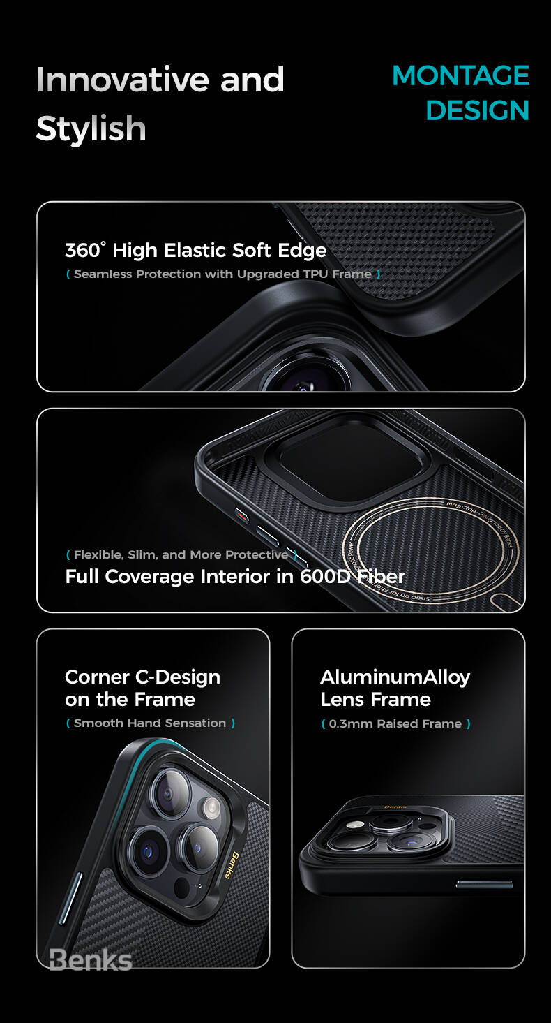 iPhone 15 Pro Max Kılıf M-safe Şarj Özellikli Karbon Fiber Benks Montage Hybrid ArmorPro Kevlar Kılıf