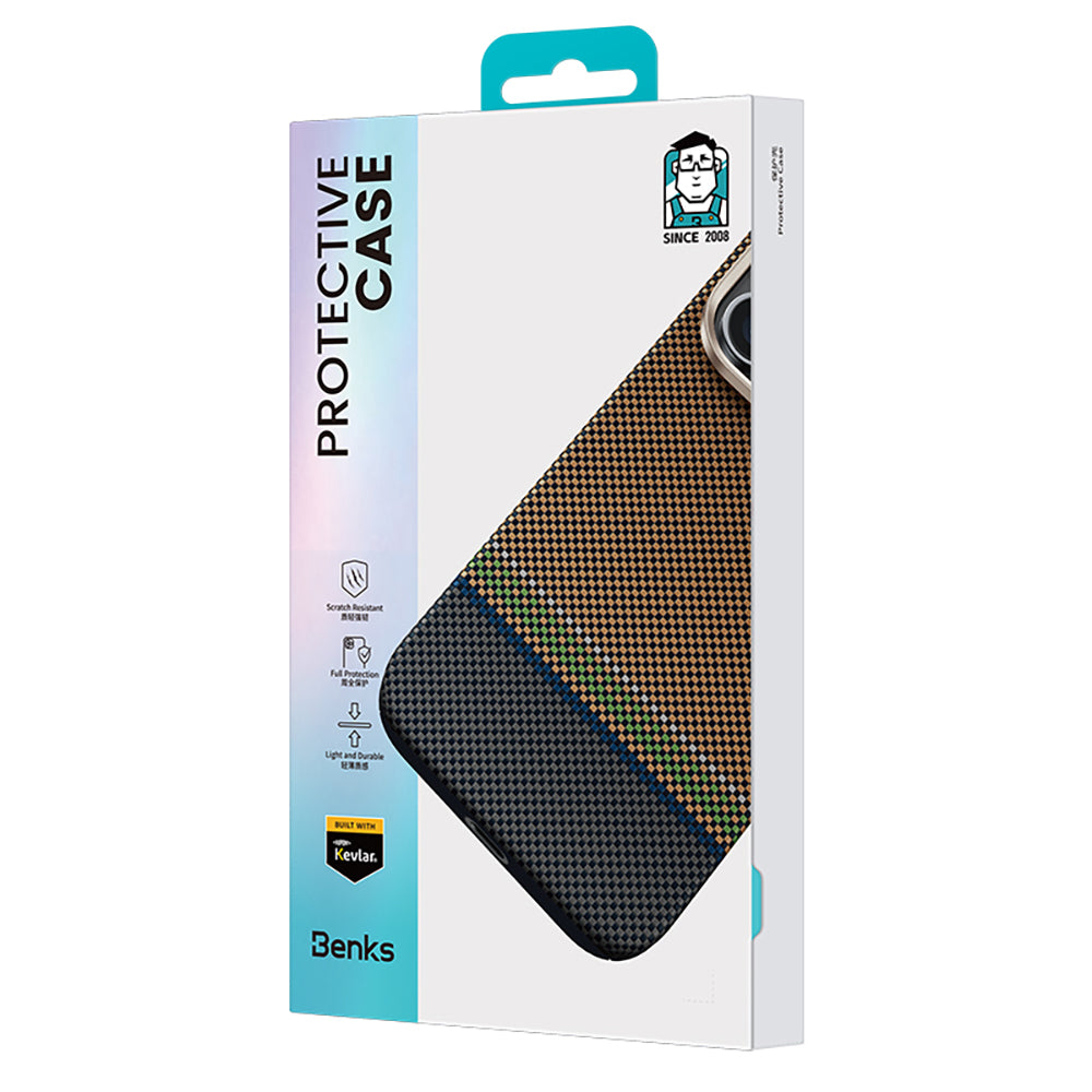 Apple iPhone 15 Pro Max Kılıf M-safe Şarj Özellikli Karbon Fiber Tasarımlı Benks Prestige ArmorAir Kevlar Kapak Gold