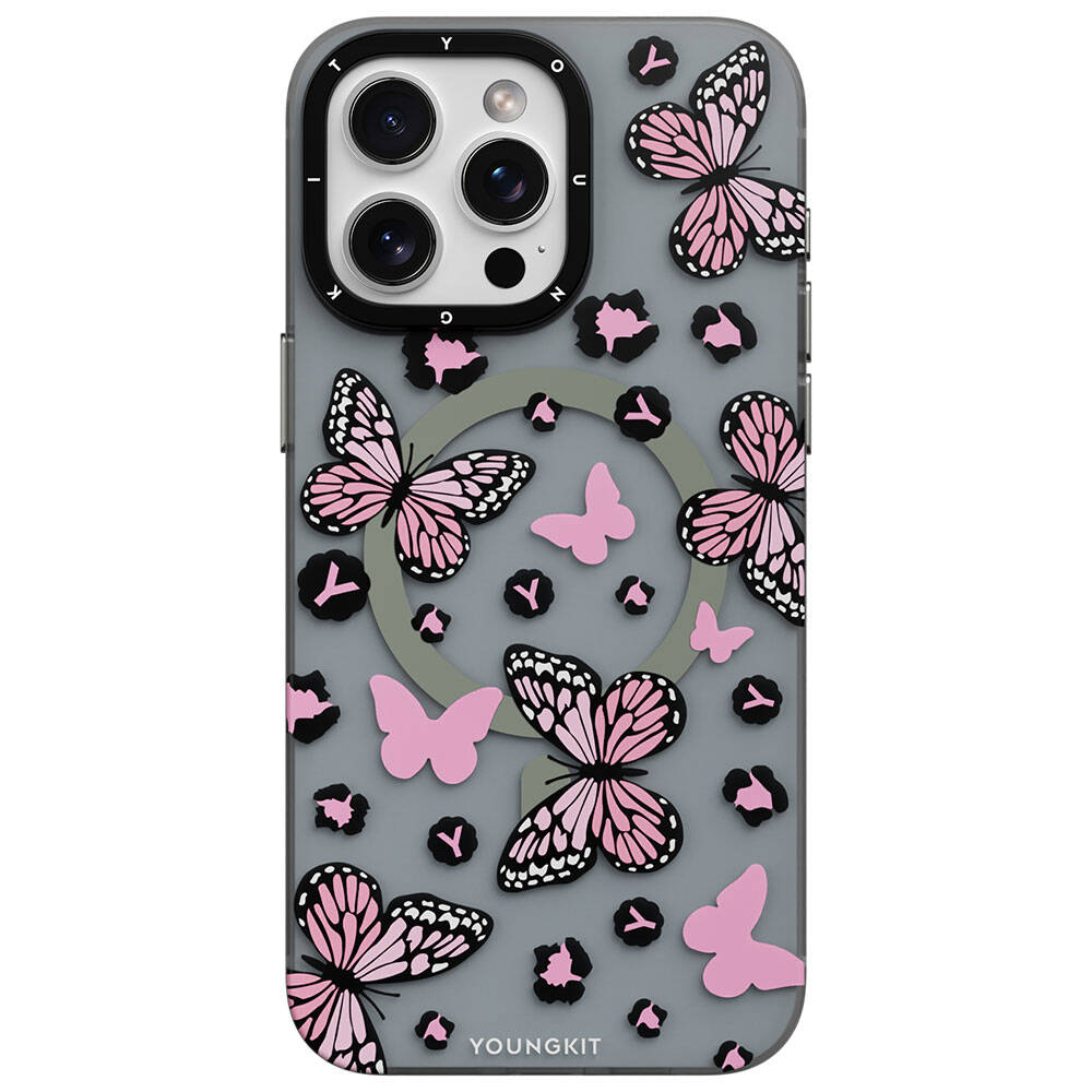 Apple iPhone 15 Pro Max Kılıf Magsafe Şarj Özellikli Kelebek Desenli Youngkit Shadow Dance Serisi Kapak Pembe