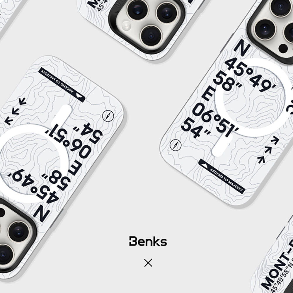 Apple iPhone 15 Pro Max Kılıf Magsafe Şarj Özellikli Koordinat Yazı Desenli Benks Summit Serisi Kapak Beyaz