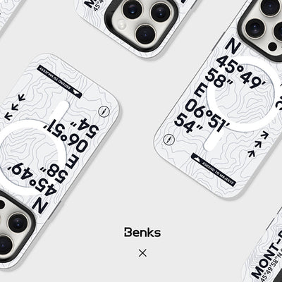 Apple iPhone 15 Pro Max Kılıf Magsafe Şarj Özellikli Koordinat Yazı Desenli Benks Summit Serisi Kapak Beyaz