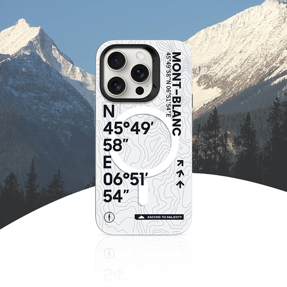 Apple iPhone 15 Pro Max Kılıf Magsafe Şarj Özellikli Koordinat Yazı Desenli Benks Summit Serisi Kapak Beyaz