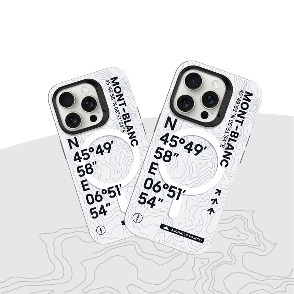 Apple iPhone 15 Pro Max Kılıf Magsafe Şarj Özellikli Koordinat Yazı Desenli Benks Summit Serisi Kapak Beyaz