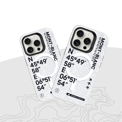 Apple iPhone 15 Pro Max Kılıf Magsafe Şarj Özellikli Koordinat Yazı Desenli Benks Summit Serisi Kapak Beyaz
