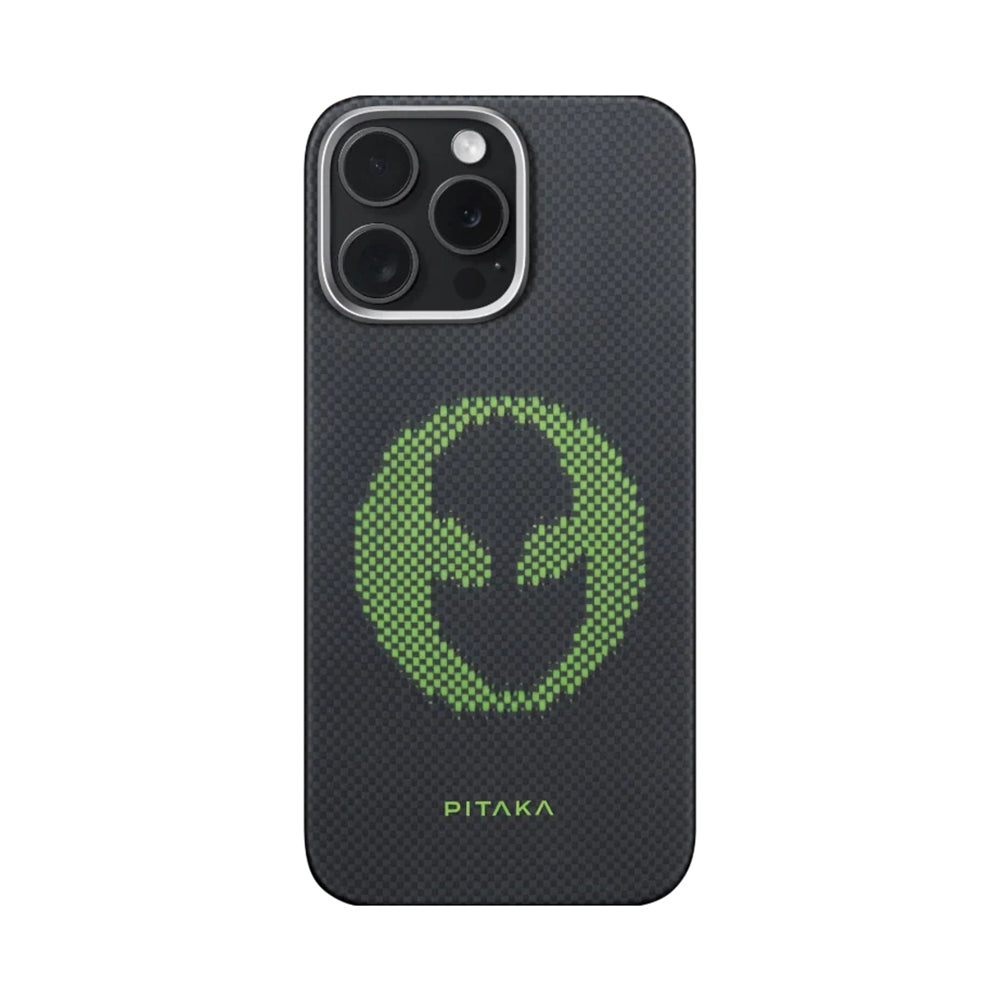 Apple iPhone 15 Pro Max Kılıf  Magsafe Şarj Özellikli Lumintex Teknolojili Fosforlu Aramid Fiber Pitaka Tactile Woven Aries Serisi Kapak Siyah-Mavi