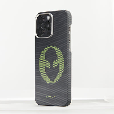 Apple iPhone 15 Pro Max Kılıf  Magsafe Şarj Özellikli Lumintex Teknolojili Fosforlu Aramid Fiber Pitaka Tactile Woven Aries Serisi Kapak Siyah