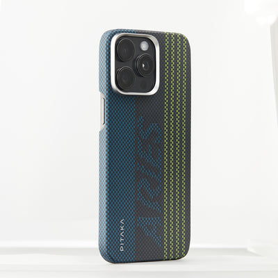 Apple iPhone 15 Pro Max Kılıf  Magsafe Şarj Özellikli Lumintex Teknolojili Fosforlu Aramid Fiber Pitaka Tactile Woven Aries Serisi Kapak Siyah-Mavi