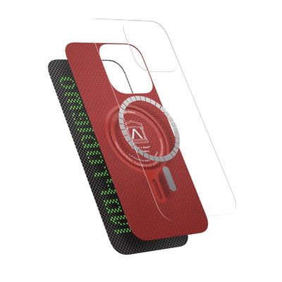 Apple iPhone 15 Pro Max Kılıf  Magsafe Şarj Özellikli Lumintex Teknolojili Fosforlu Aramid Fiber Pitaka Tactile Woven Aries Serisi Kapak Siyah-Mavi