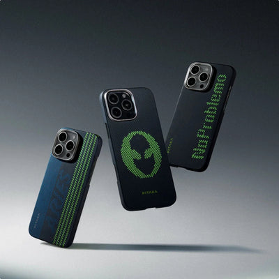 Apple iPhone 15 Pro Max Kılıf  Magsafe Şarj Özellikli Lumintex Teknolojili Fosforlu Aramid Fiber Pitaka Tactile Woven Aries Serisi Kapak Siyah-Mavi