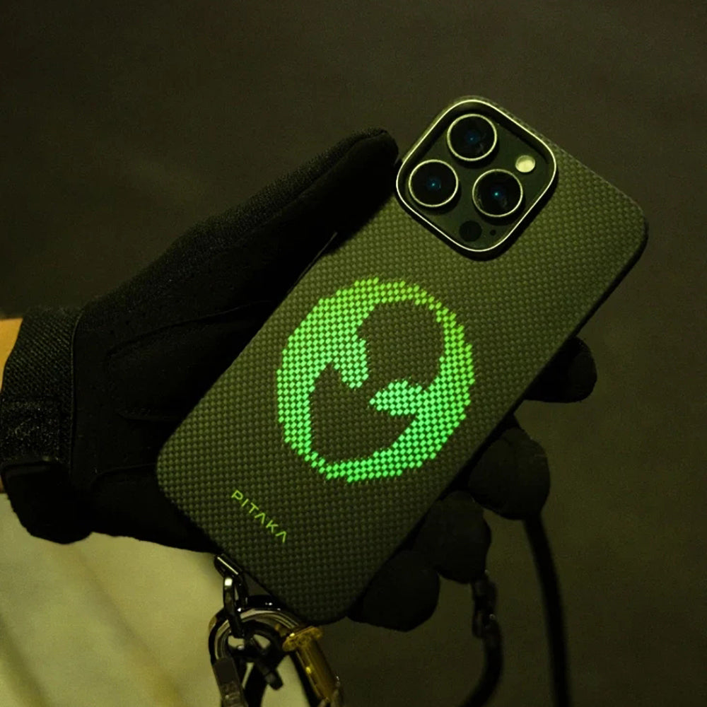 iPhone 15 Pro Max Kılıf M-safe Şarj Özellikli Lumintex Teknolojili Fosforlu Aramid Fiber Pitaka Tactile Woven Aries Serisi Kılıf