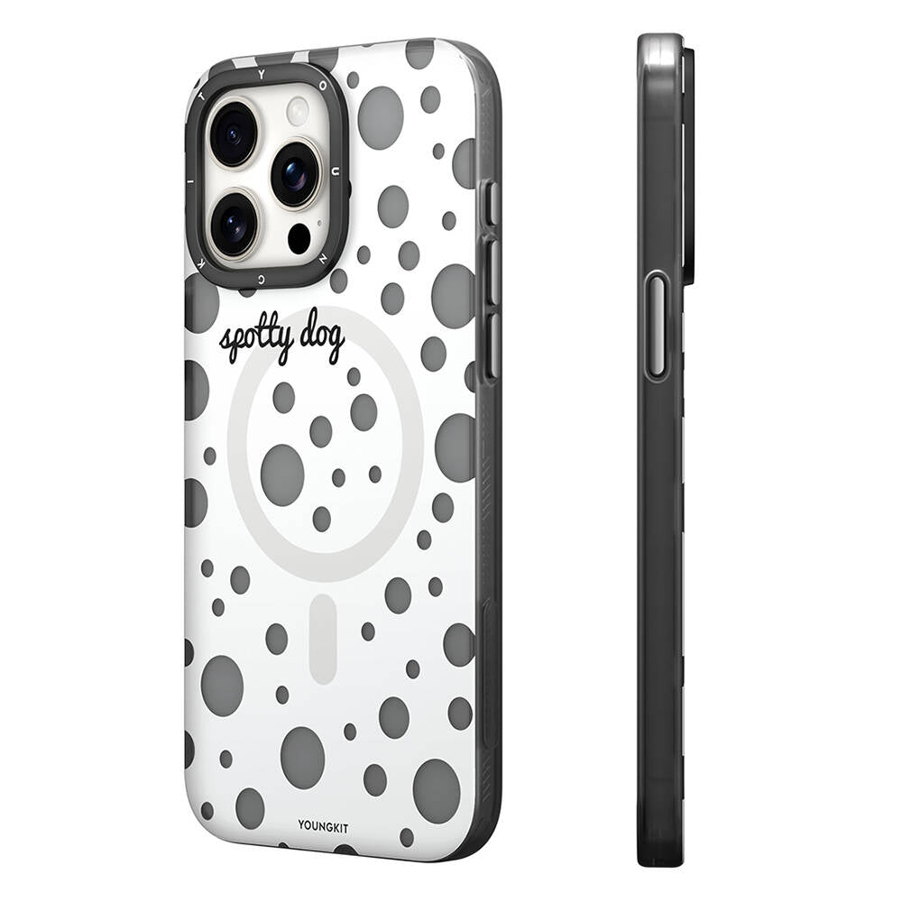 Apple iPhone 15 Pro Max Kılıf Magsafe Şarj Özellikli Polka Dot Desenli Youngkit Spots Serisi Kapak Gri