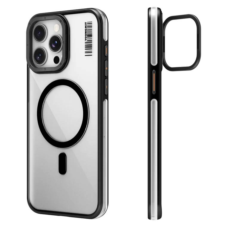 Apple iPhone 15 Pro Max Kılıf Magsafe Şarj Özellikli Sararma Önleyici Youngkit Crystal Grid Kapak Gümüş