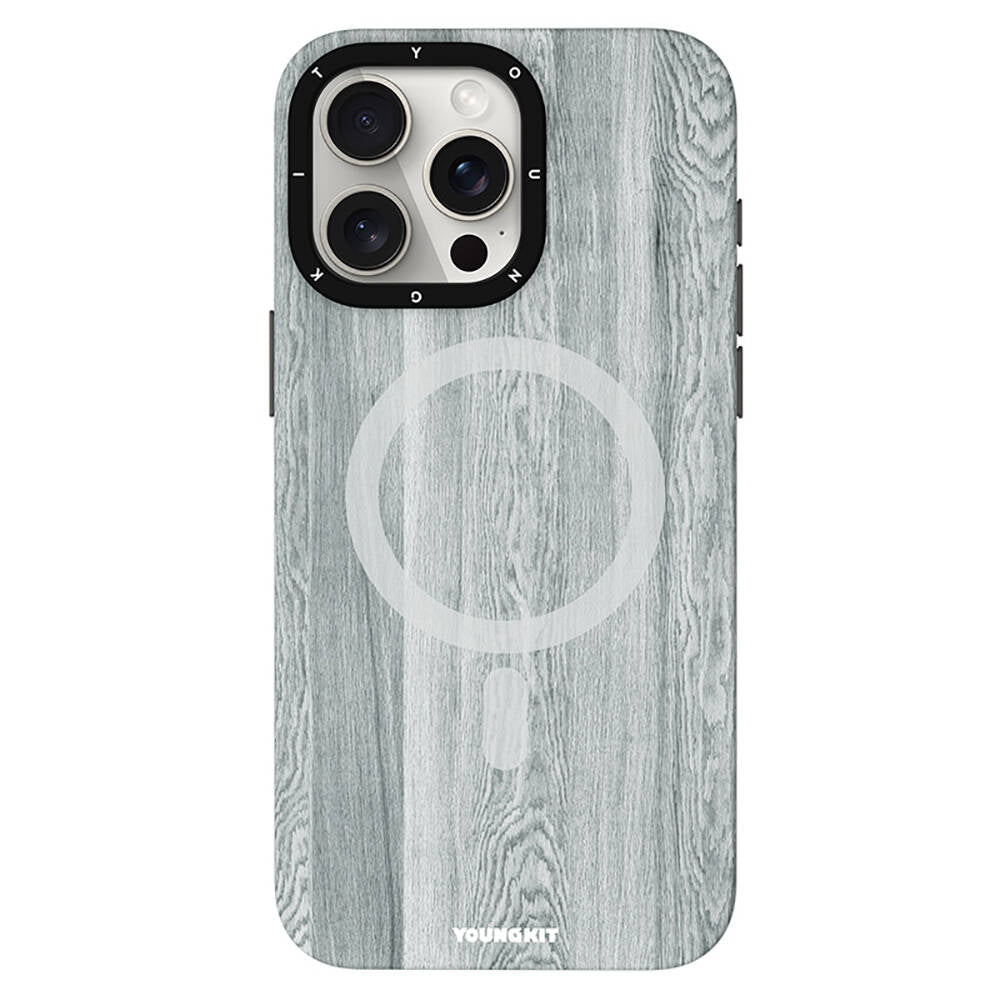 Apple iPhone 15 Pro Max Kılıf Magsafe Şarj Özellikli Sararmaya Dayanıklı Youngkit Wood Forest Serisi Kapak Gri