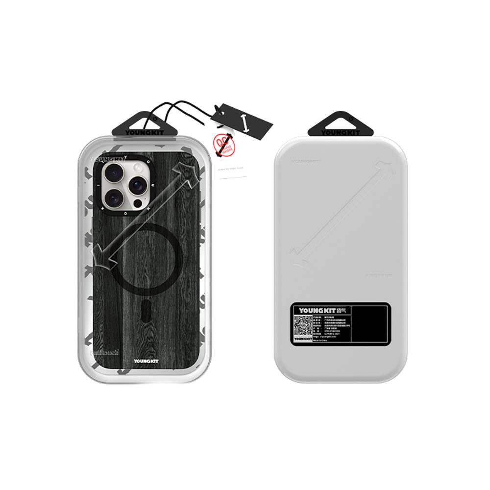 Apple iPhone 15 Pro Max Kılıf Magsafe Şarj Özellikli Sararmaya Dayanıklı Youngkit Wood Forest Serisi Kapak Gri
